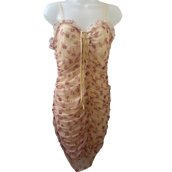 Sbetro Floral Mini Mesh Dress L Ruffle Tie Front Bodycon Sexy conquette - Picture 1 of 11